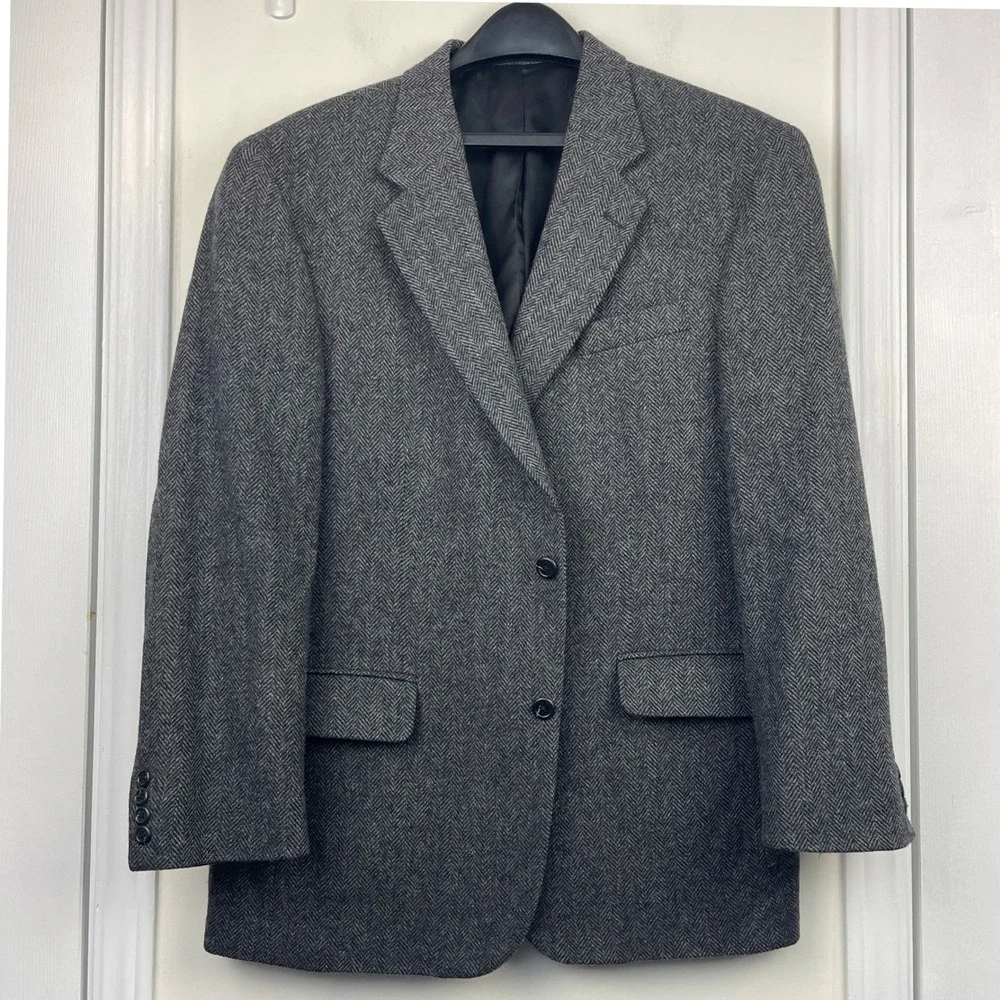 VTG Lands' End Lambswool Blazer Tweed Herringbone‎ 43R Sport Coat Grey *READ